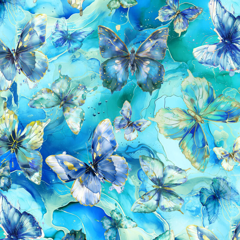 Fabric featuring butterflies in shades of blue, aqua, and teal with golden accents on a watercolor background.