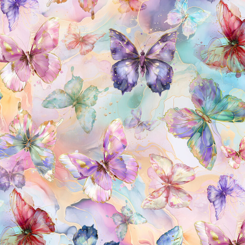 Fabric featuring butterflies in shades of purple, pink, red, green, and blue with golden accents on a pastel watercolor background.