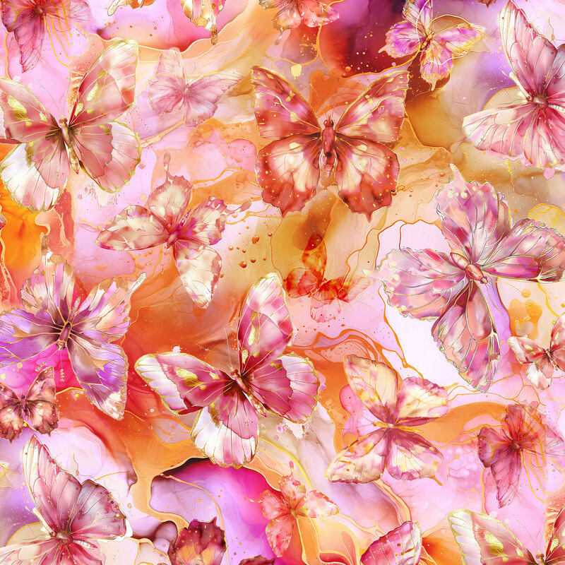 Fabric featuring butterflies in shades of pink, red, and orange with golden accents on a watercolor background.
