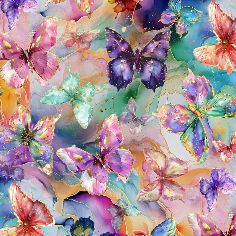 Fabric featuring butterflies in shades of purple, pink, red, green, and blue with golden accents on a watercolor background.