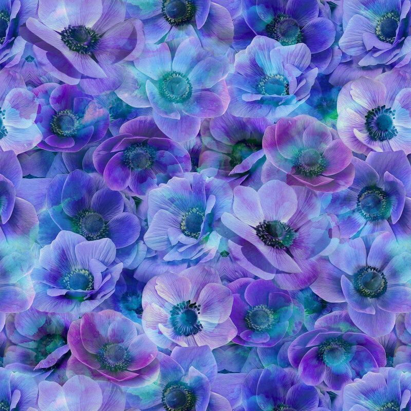 Fabric featuring a vibrant pattern of overlapping purple, blue, and aqua flowers