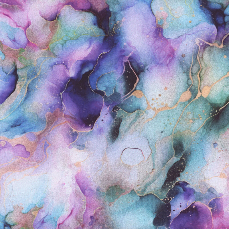 Abstract watercolor pattern with swirling shades of blue, teal, purple, and gold