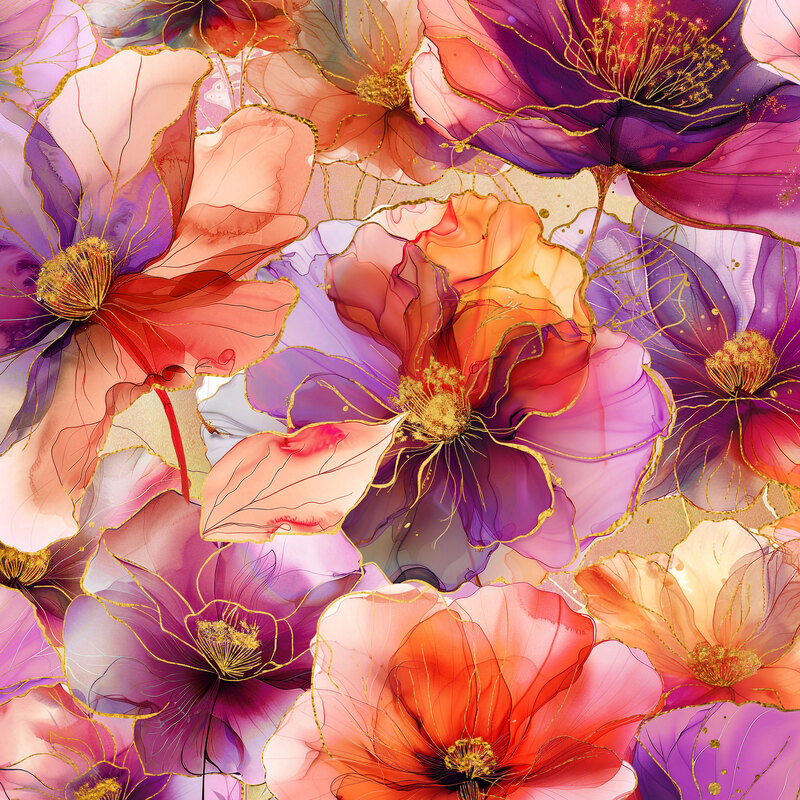 Watercolor fabric packed with red and purple translucent flowers with golden accents.