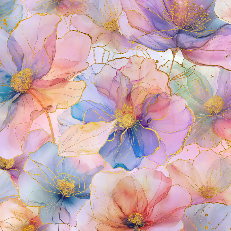 Watercolor fabric packed with colorful pastel translucent flowers with golden accents.