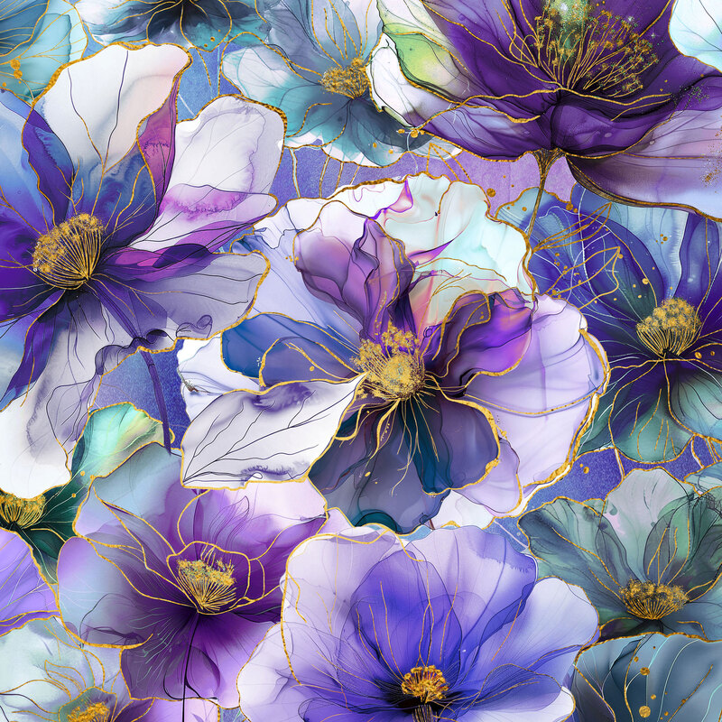 Watercolor fabric packed with purple and teal translucent flowers with golden accents.