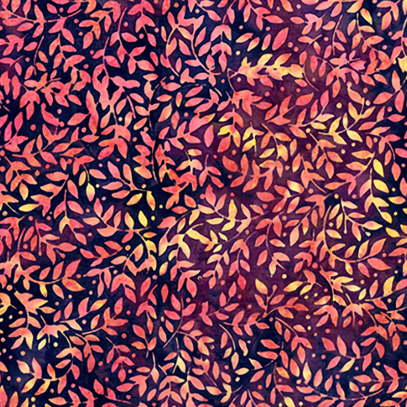 Mottled purple fabric with a sprawling design of yellow and peach leaves.