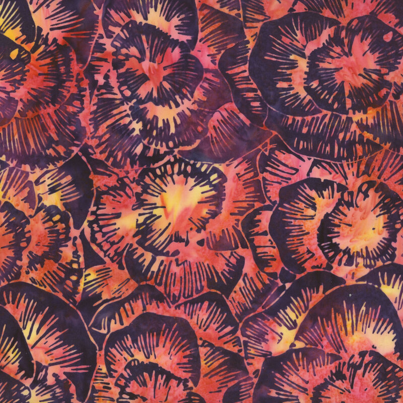 Dark, vibrant indigo fabric with large sunset pink and orange flowers with textured accents.