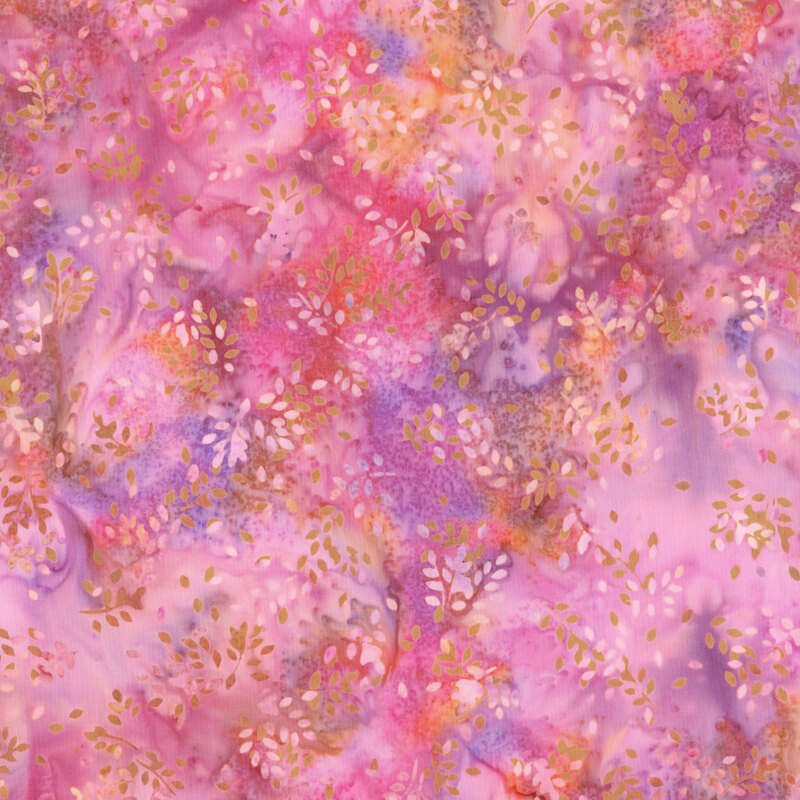 Mottled peach, pink, purple, and orange fabric with tiny leaf details.