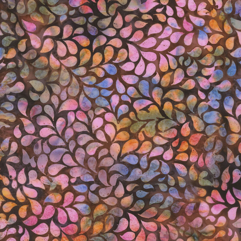 Dark brown fabric with mottled, multicolored raindrop shapes.