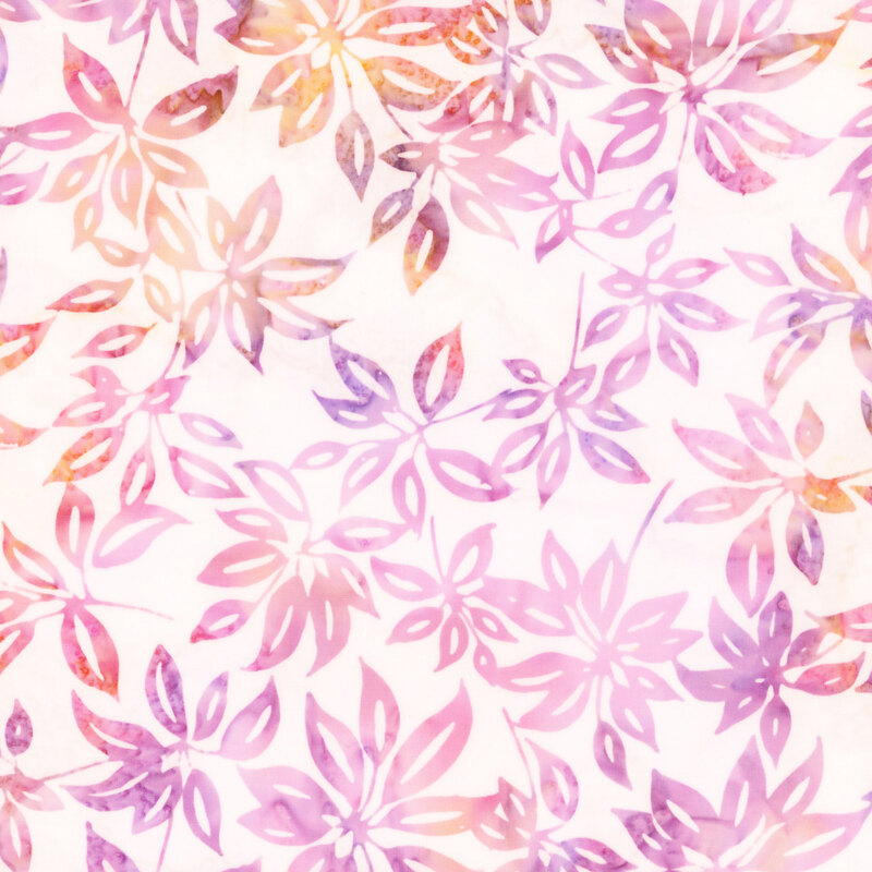 Mottled off-white fabric with mottled pink leaves.