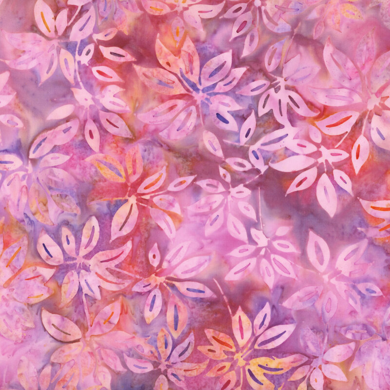 Mottled peachy orange and purple fabric with pink leaves.