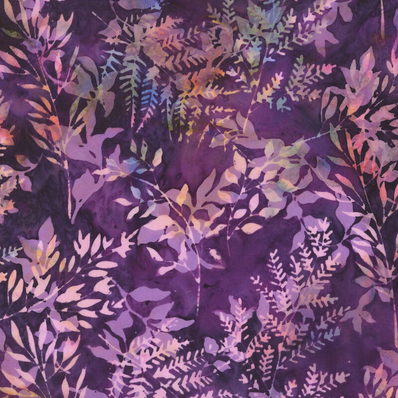 Mottled purple fabric with pink, green, and blue silhouettes of leafy sprigs.