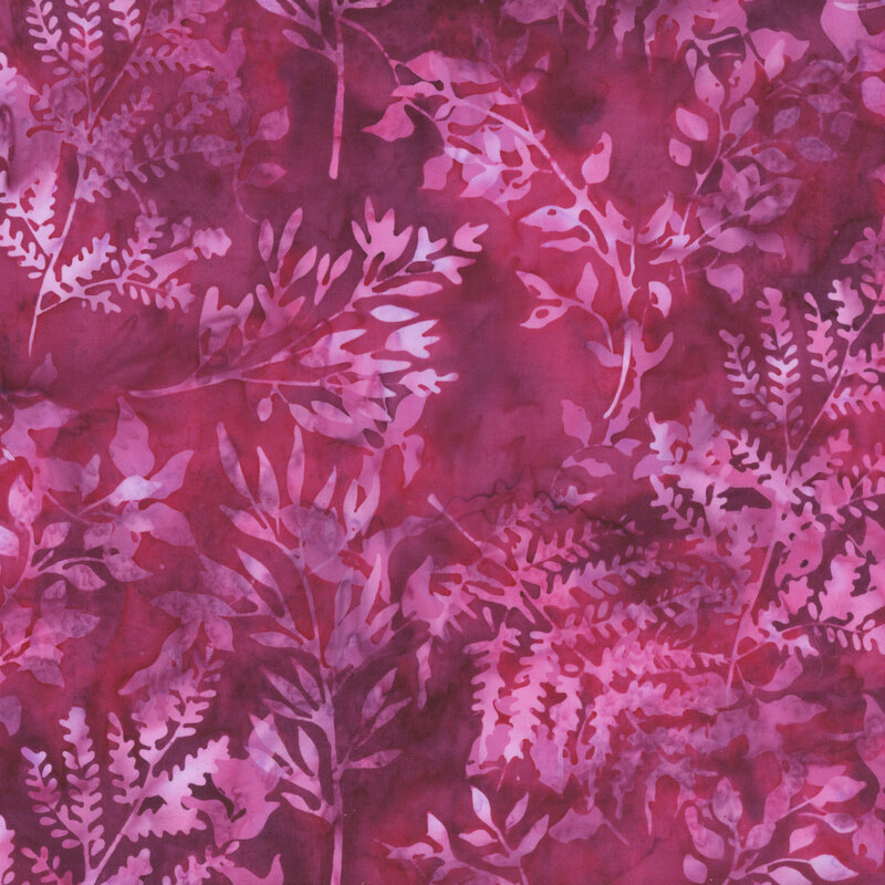Mottled purple and pink fabric with purple silhouettes of leafy sprigs.