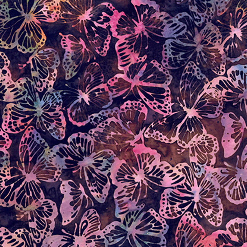 Mottled purple fabric with outlined butterflies in red, blue, orange, and purple.