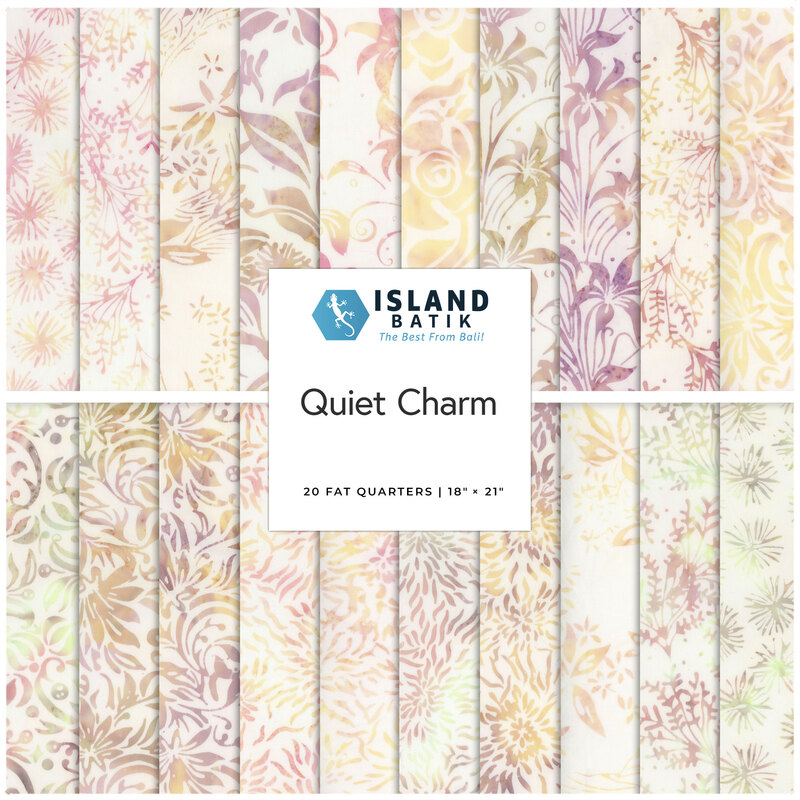 Fanned out collage of the neutral fabrics with light pink, purple, and yellow designs featured in the Quiet Charm 20 FQ set.