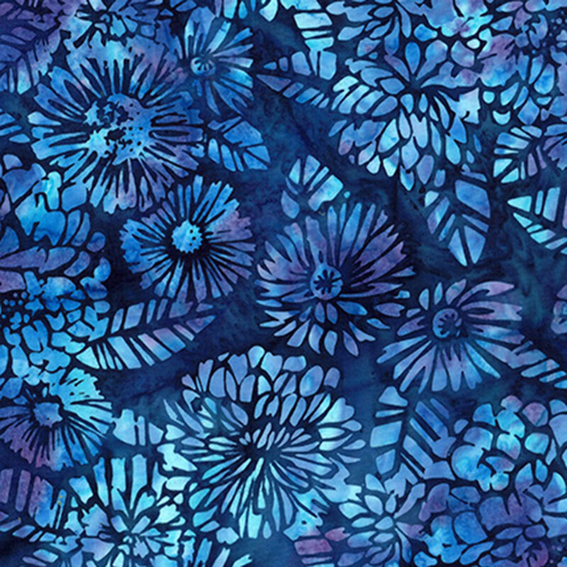 Vibrant teal and blue floral and leaf patterns tossed on a mottled dark blue fabric.