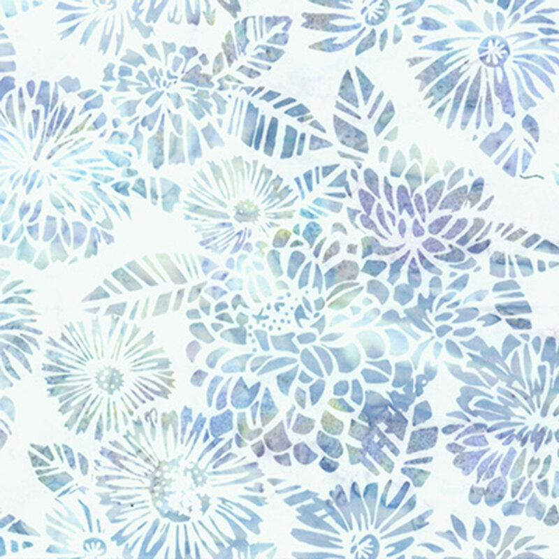 Pale blue and purple floral and leaf patterns tossed on a white fabric.
