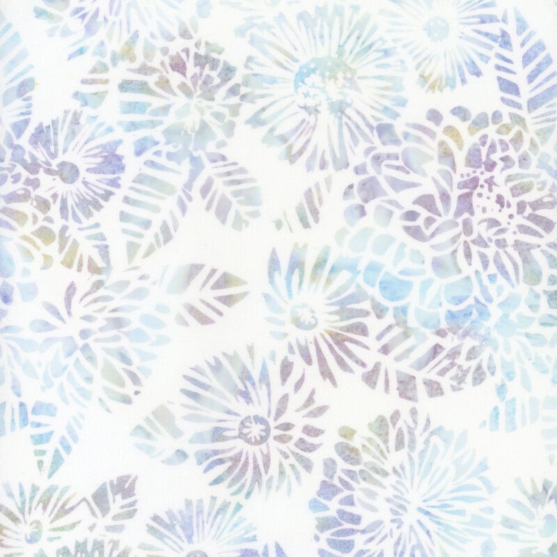 Pale blue and purple floral and leaf patterns tossed on a white fabric.