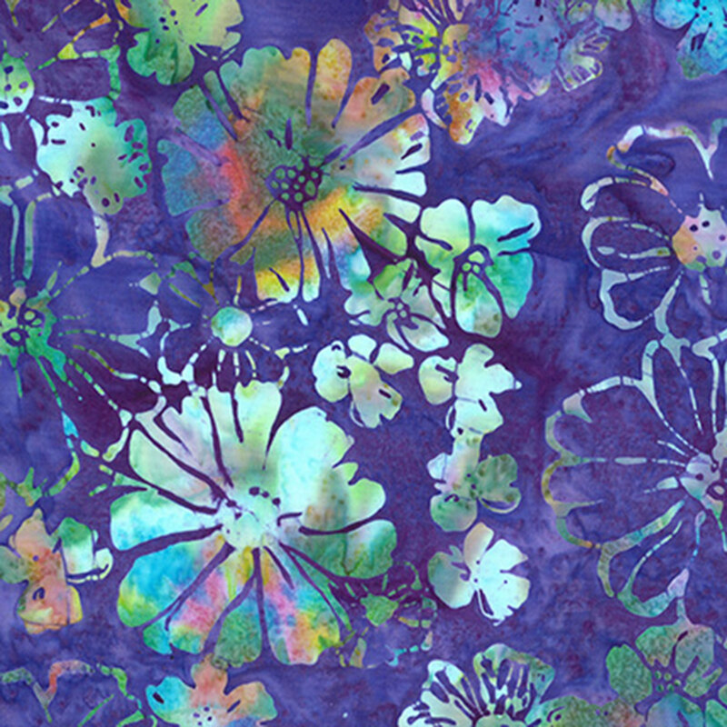 A vibrant pattern of teal and blue flowers tossed on a mottled purple fabric.