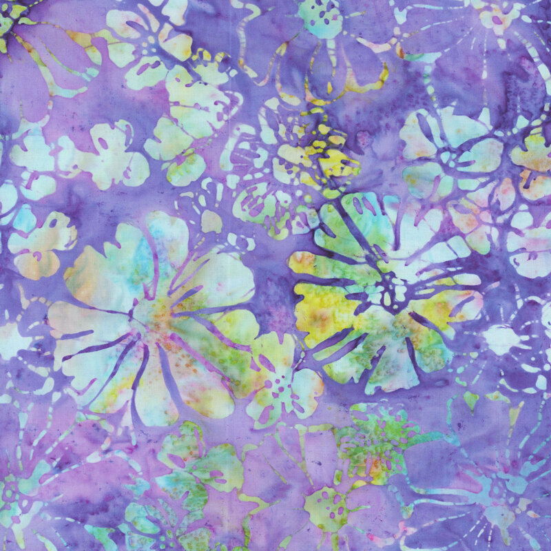 A vibrant pattern of multicolor flowers tossed on a mottled light purple fabric.