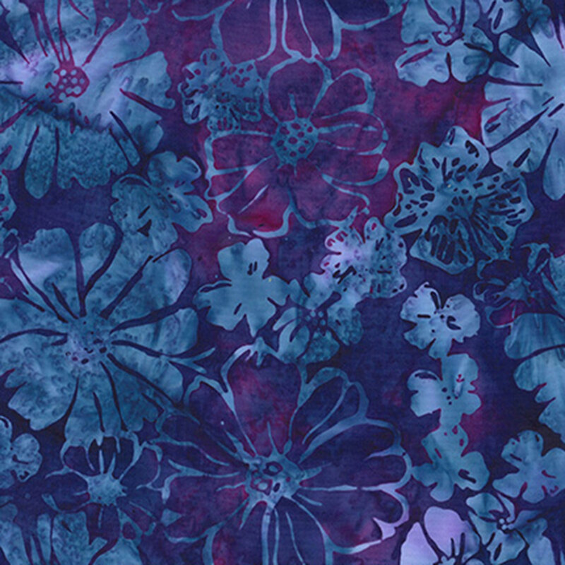 A pattern of various blue and purple flowers tossed on a mottled purple fabric.