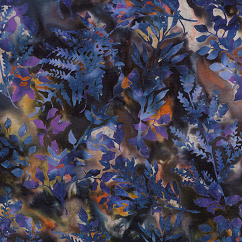 Blue leaf silhouettes tossed on a dark marbled fabric.
