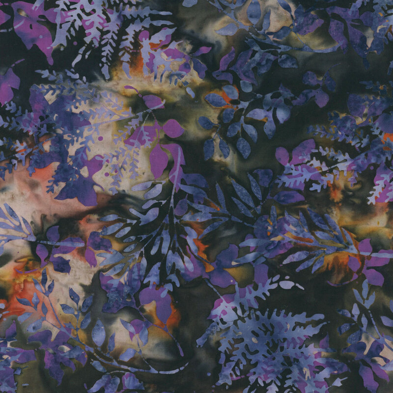 Blue leaf silhouettes tossed on a dark marbled fabric.