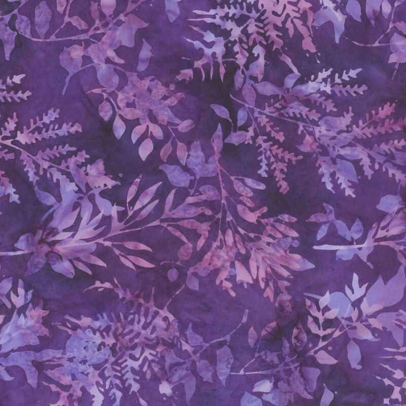 Tonal purple leaf silhouettes tossed on an orchid purple mottled fabric.