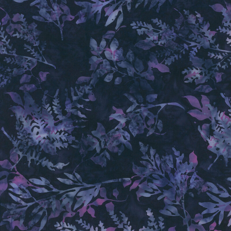 A pattern of various purple leaf silhouettes tossed on a deep indigo fabric.