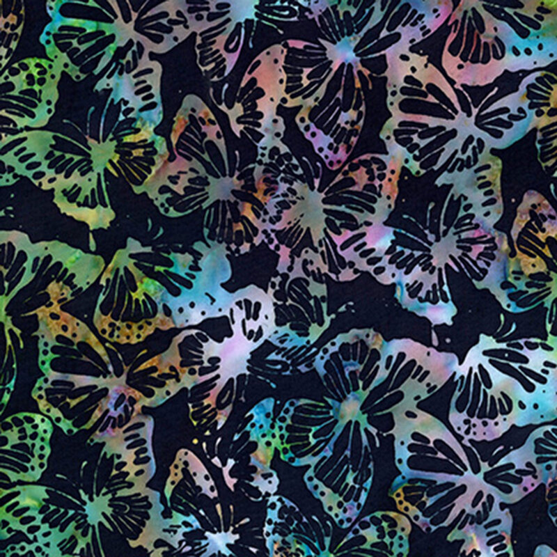 A vibrant pattern of metallic multicolor butterflies on a black fabric.