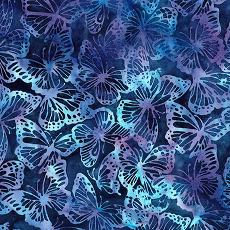 A vibrant pattern of blue, teal, and purple butterflies on a dark blue fabric.
