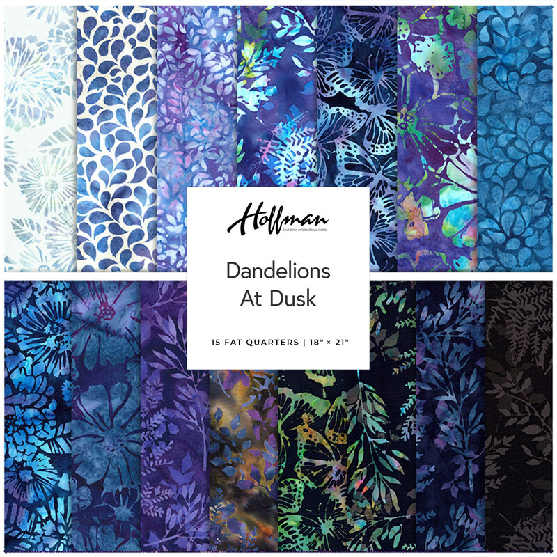Digital collage of fabrics included in the Dandelions At Dusk collection with blue and purple batik fabrics with floral and leaf patterns.