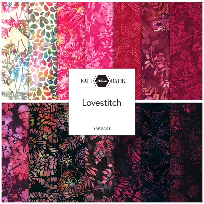 A collage of bali batik fabrics included in the Lovestitch collection with bright pinks and dark reds featuring floral patterns, leaves, and mottled backgrounds.