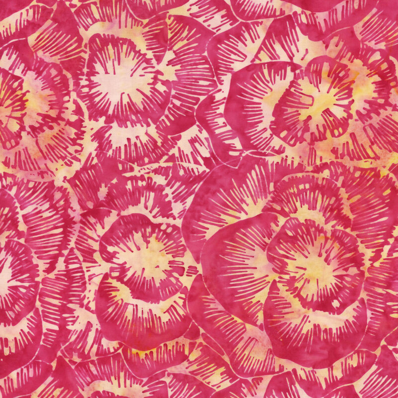 Packed flower motif featuring mottled bright pink petals.