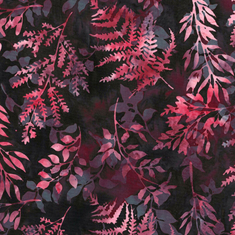 Mottled crimson and pink leaf silhouettes tossed on a mottled black fabric.