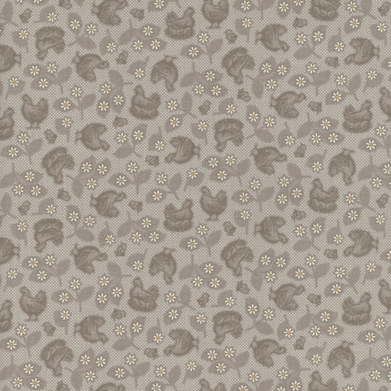 Stone gray fabric with tossed tonal leaves, flowers, and chickens.