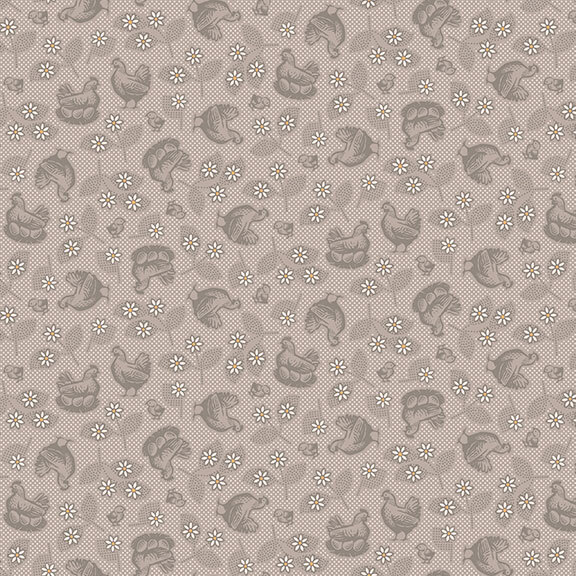Stone gray fabric with tossed tonal leaves, flowers, and chickens.