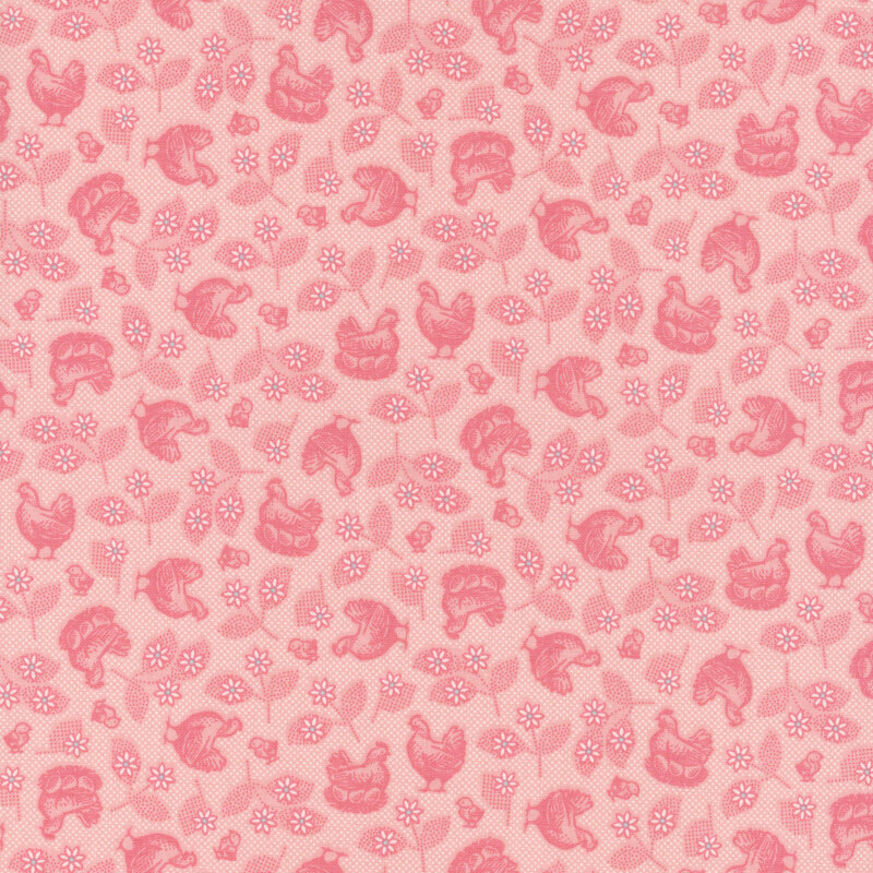 Pink fabric with tossed tonal leaves, flowers, and chickens.