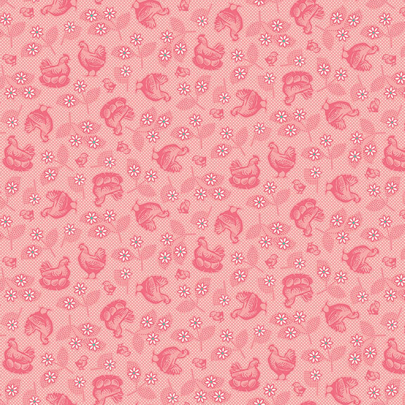 Pink fabric with tossed tonal leaves, flowers, and chickens.