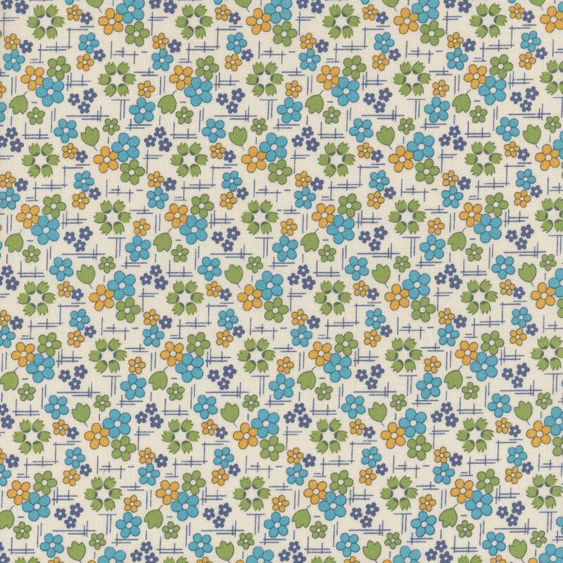 Off-white fabric with a calico floral and hatching pattern in green, blue, teal, and orange.