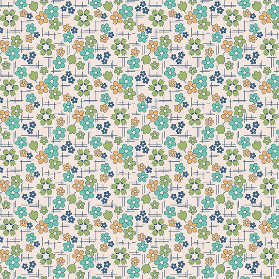 White fabric with a calico floral and hatching pattern in green, blue, teal, and orange.