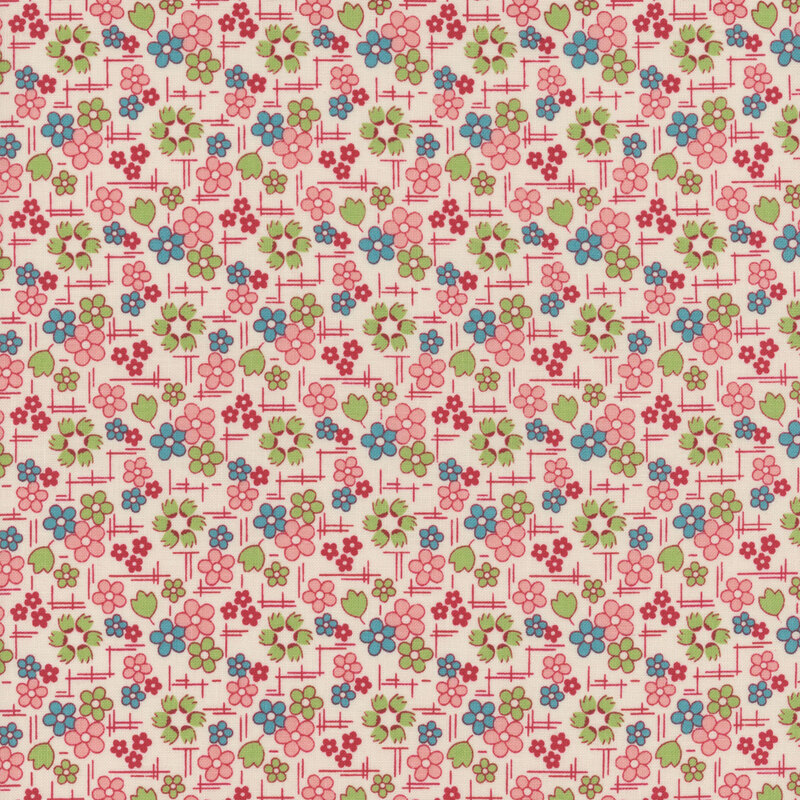 White fabric with a calico floral and hatching pattern in green, blue, pink, and red.