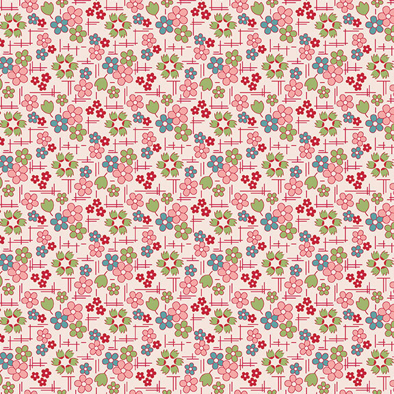 White fabric with a calico floral and hatching pattern in green, blue, pink, and red.
