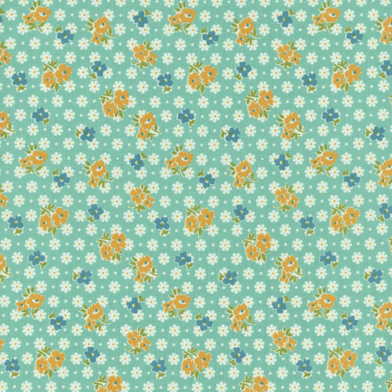 Leaf green fabric with a calico floral print in dark teal and orange.