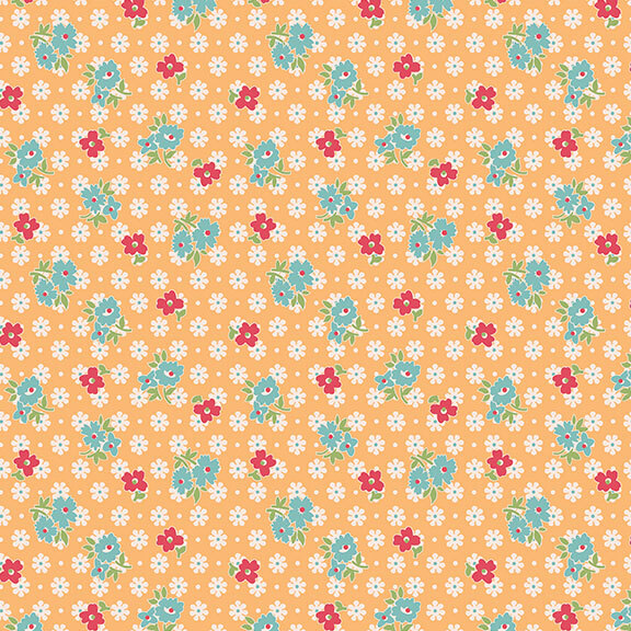 Orange fabric with a calico floral print in teal and red.