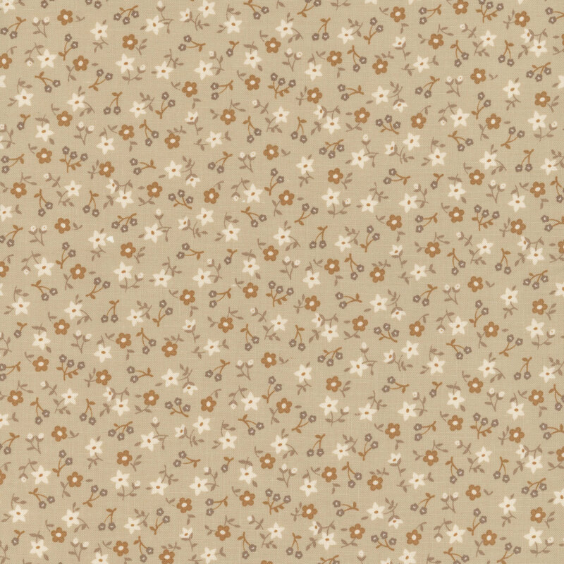 Latte brown fabric with a calico tonal and white floral design.