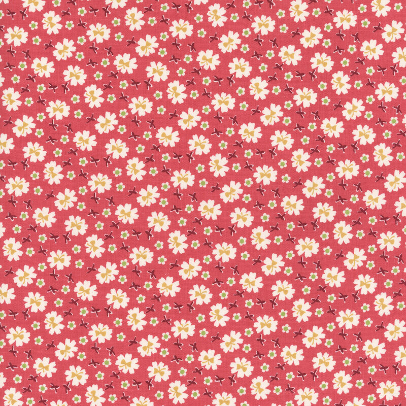 Rose red fabric with a white daisy floral pattern.