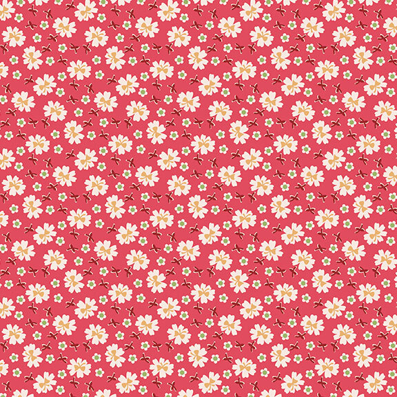 Rose red fabric with a white daisy floral pattern.