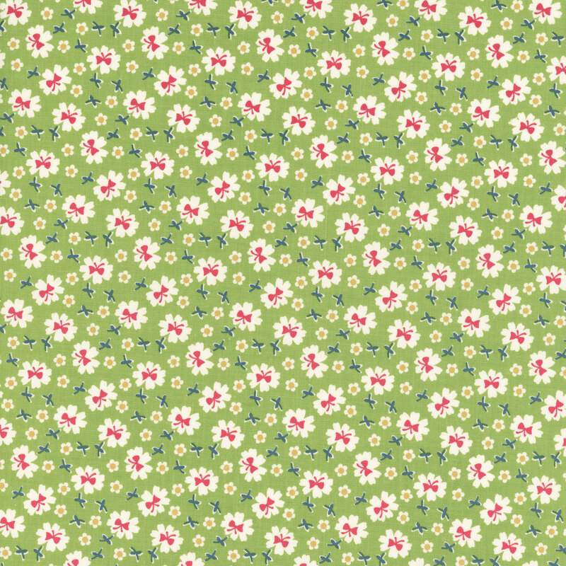 Leaf green fabric with a white, red, and orange, calico floral pattern.