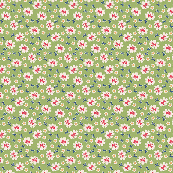 Leaf green fabric with a white, red, orange, and blue calico floral pattern.
